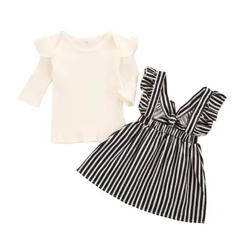 

Hot Sell Girl's Clothing Tops Newborn Clothing Baby Girl Pit Strip Solid Color Top + Striped Suspender Skirt Suit