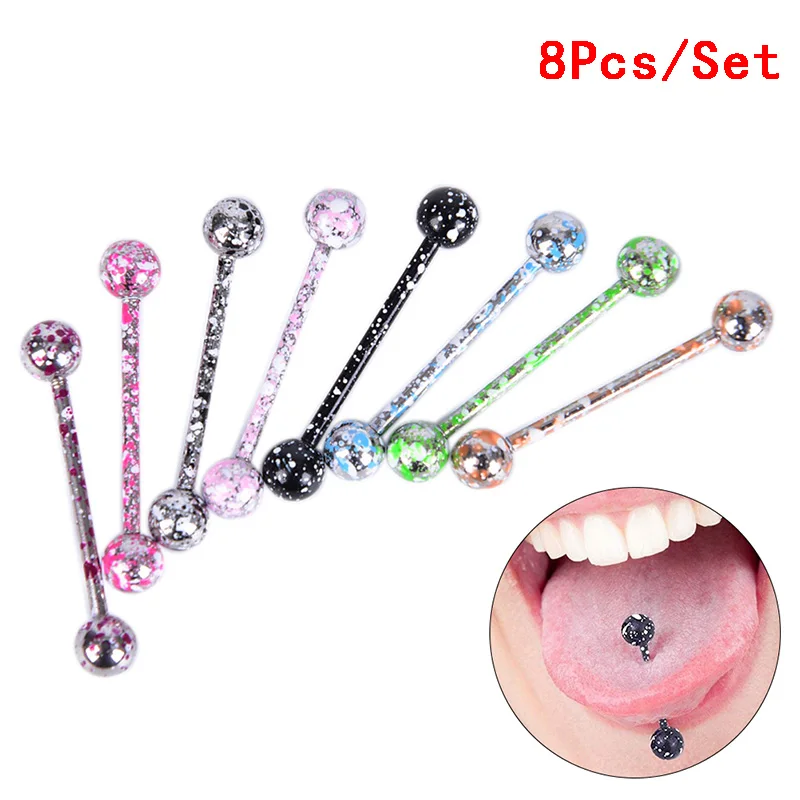 8Pcs/Set Mixed Color Tongue Rings Assorted Piercing Barbells Bars Surgical Stainless Steel Jewelry Eyebrow Tragus Nipple Ring