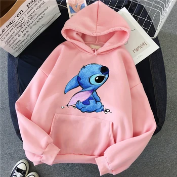 

Harajuku Pink Pullovers Lovely Kawaii Casual Tops O-neck Women's Hooded Sweatshirt LILO STITCH Hoodie Pullovers Long Sleeves