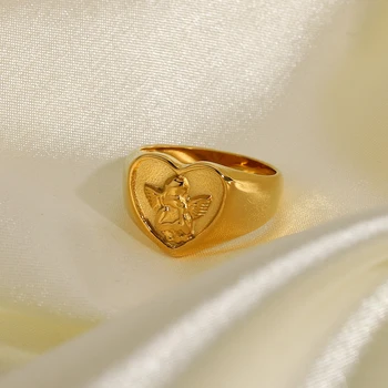 18K Gold Plated 316L Stainless Steel Heart Shape Angel Rings For Women Retro Chunky Rings Jewelry Accessories 1