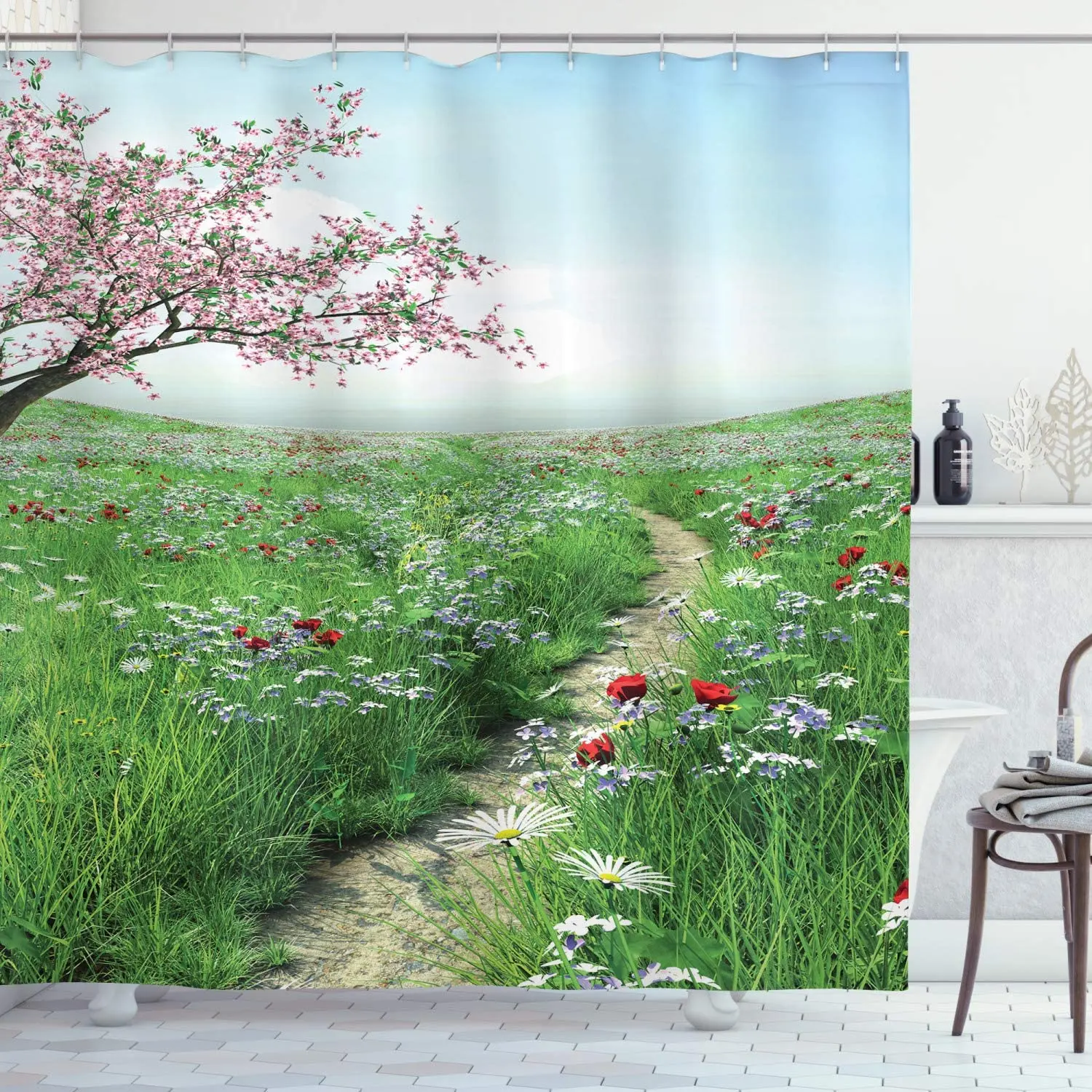 Flower Shower Curtain Pathway With Cherry Blossom Tree Wildflowers Grassland Country Village