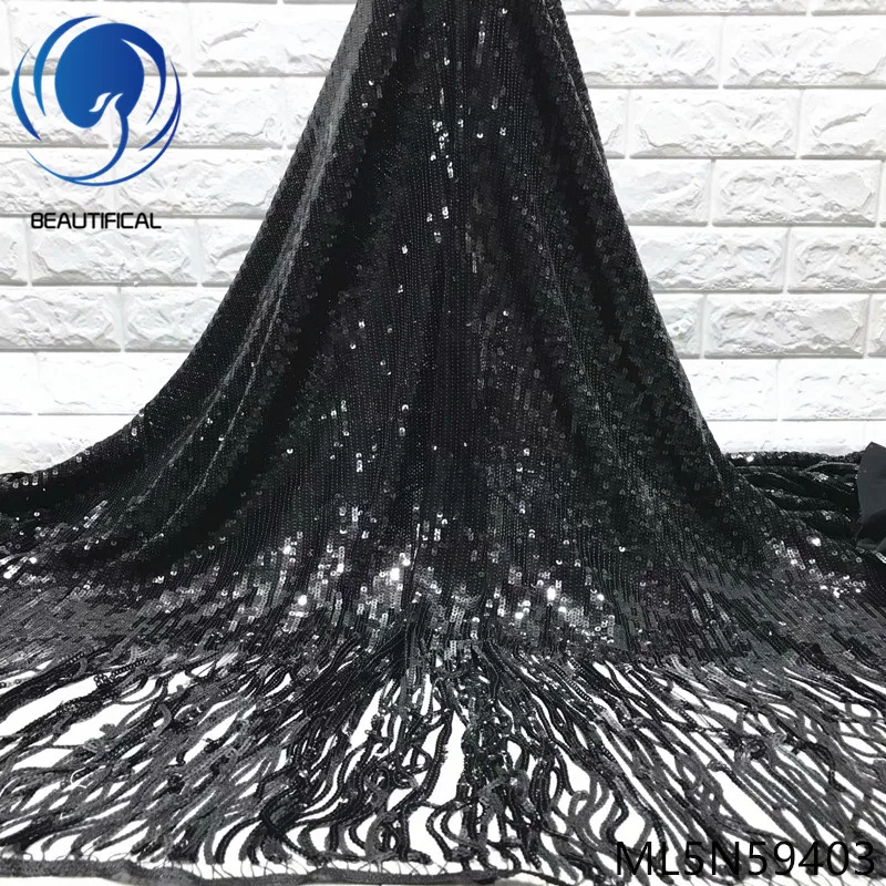 

BEAUTIFICAL african lace fabrics New design black sequins net lace with tassels seqeuins for dress nigerian lace 5yards ML5N594