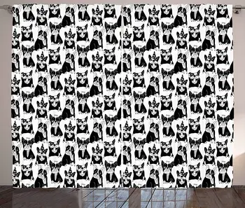 

Bulldog Curtains Doodle Style Fun Playful Domestic Pets in Party Hats and Crowns Living Room Bedroom Window Drape Home Decor
