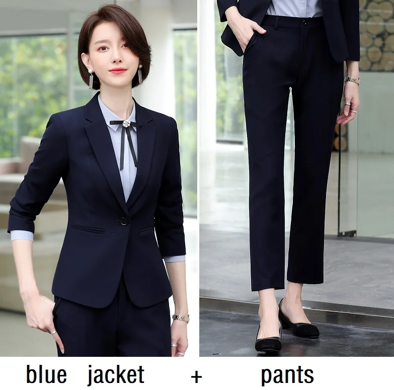 blue jacket pants Женские костюмы тонкие весенние однотонные куртки брюки OL формальные женские брючные костюмы женский комплект костюмы 368 - Цвет: blue jacket pants