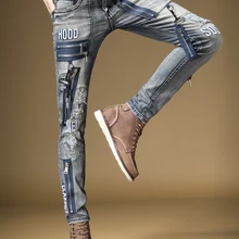 Новинка, мужские Модные джинсы, обтягивающие, для улицы, с дырками, для мужчин, в стиле рок, металл, хип-хоп, с вышивкой, джинсовые брюки