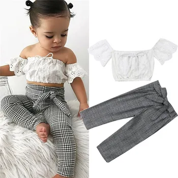 

Local stock Toddler Kids Baby Girl Lace Off Shoulder Tops Crop Plaid Pants Outfits Sunsuit