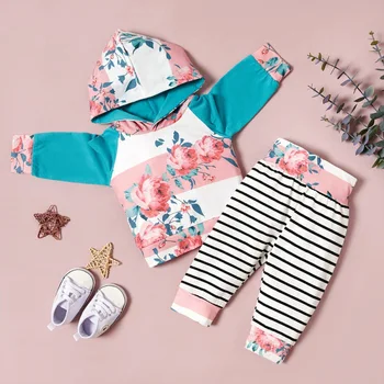

New Autumn Baby Girl Clothes Set Floral Print Long Sleeve Hoodie Sweatshirt Blouse Tops+Stripe Pants Trouser Casual Costume Set