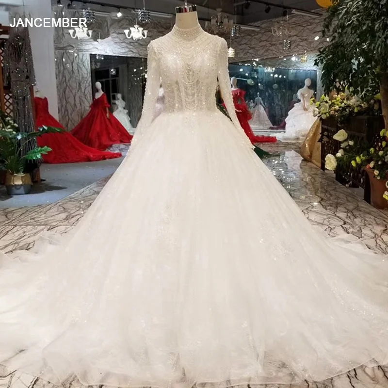 LSS289 like white wedding dress boho long sleeve open back high neck cheap gown with train illusion robe blanche | Свадьбы и