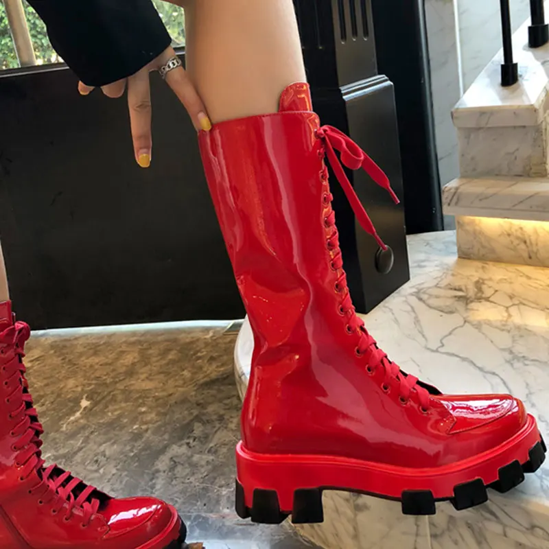 

Women's Fashion Designer Round Toe Platform Mid-Calf Boots Low Heels Retro Personality Lace-Up Martin Boots Stage Shoes