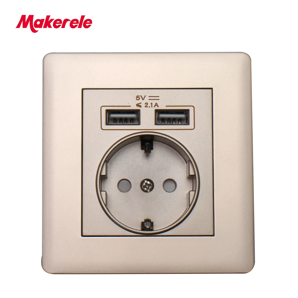 Gold PC Настенная розетка Makerele, панель для ПК 16A, стандартная розетка европейского стандарта с двумя usb-разъемами 2100mA, три цвета - Тип: Gold PC