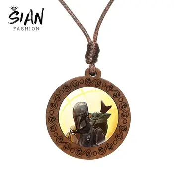 

SIAN New Listing Baby Yoda Cartoon Print Necklace Vintage Wooden Pendant Glass Cabochon The Mandalorian Jewelry for Fans Collect