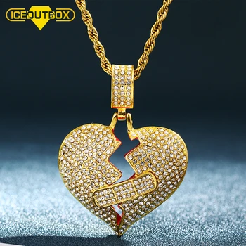

ICEOUTBOX Bling Iced Out Broken Heart Pendant Necklace For Women Men's Hip Hop Jewelry Cubic Zirconia Gold Heart Pendant Chain