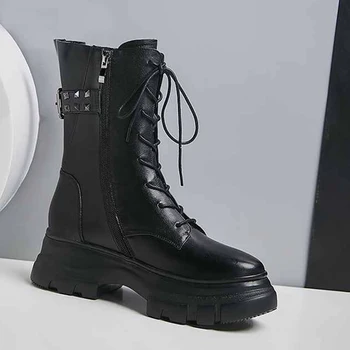 

Luxury brand new winter shoes women's keep warm boots cow leather platform rivets thick bottom rome style mid-calf boots mujer
