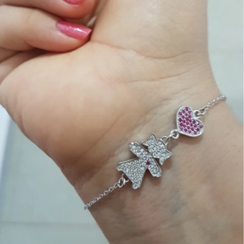 Настоящее Изображение Твердое Серебро 925 пробы сердце для маленьких девочек мать браслет винтажное ожерелье мама кристалл браслеты для женщин - Окраска металла: heart-girl