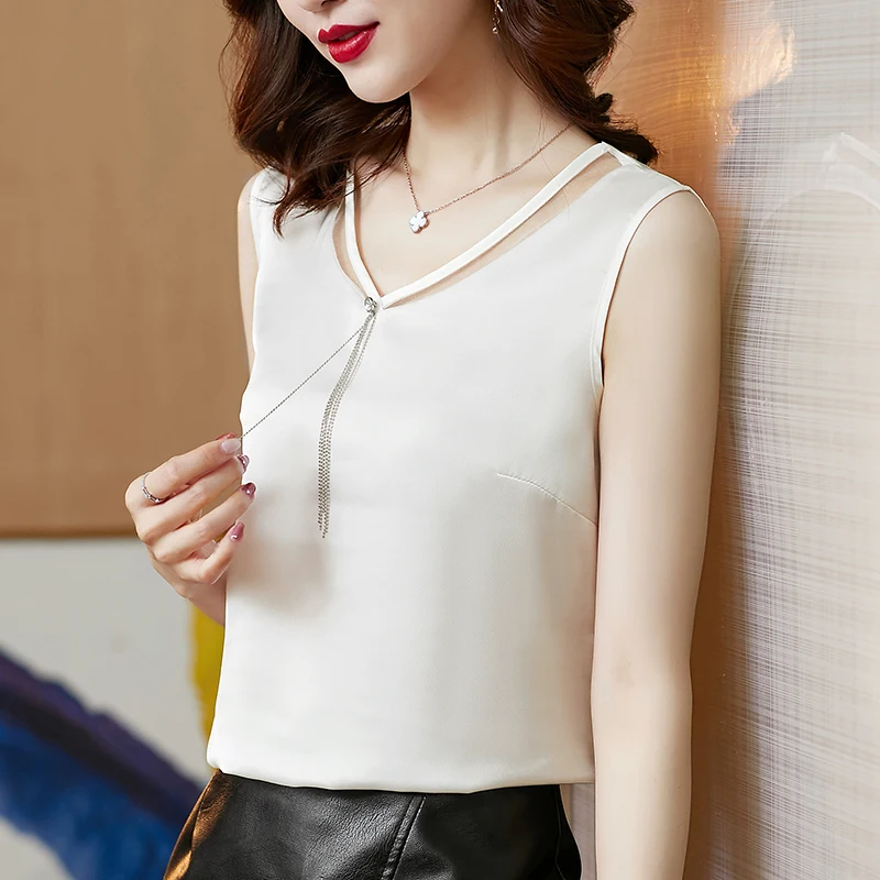 Blusas De Satin Mujer 2022 White Color Shirts Satin Inside and Outside Vest  Women Clothing for Women Solid Black Tops 0948|Tank Tops| - AliExpress