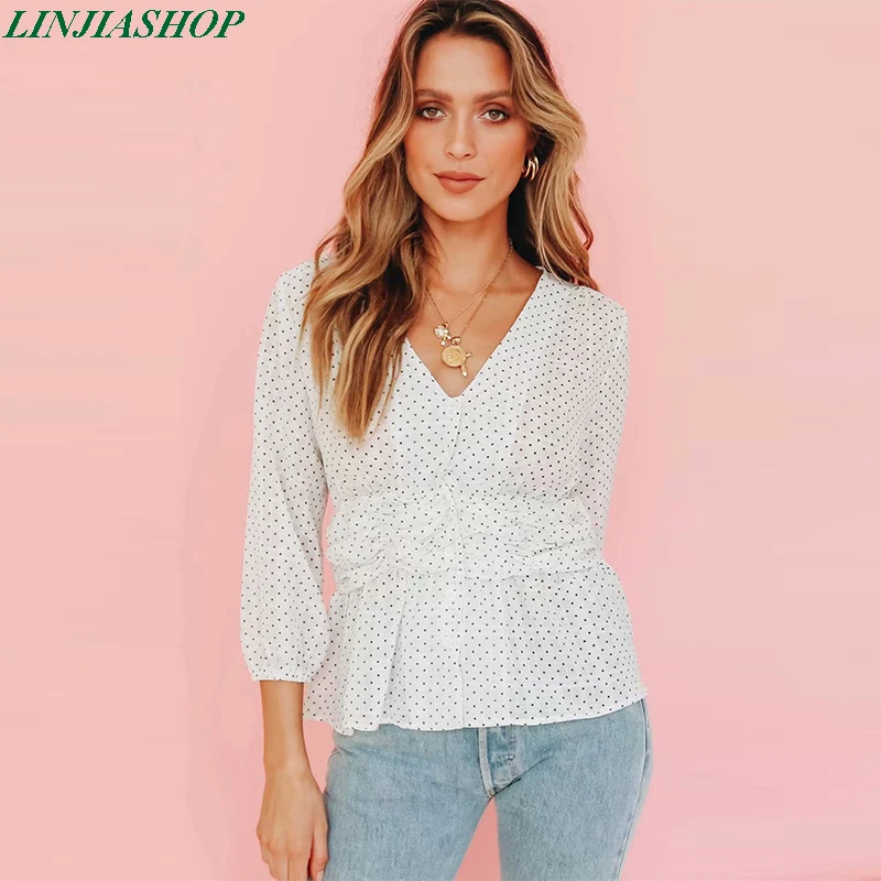 

French vintage autumn stylish white blouse women reformation v neck long sleeve summer loose plus size polka dot shirt