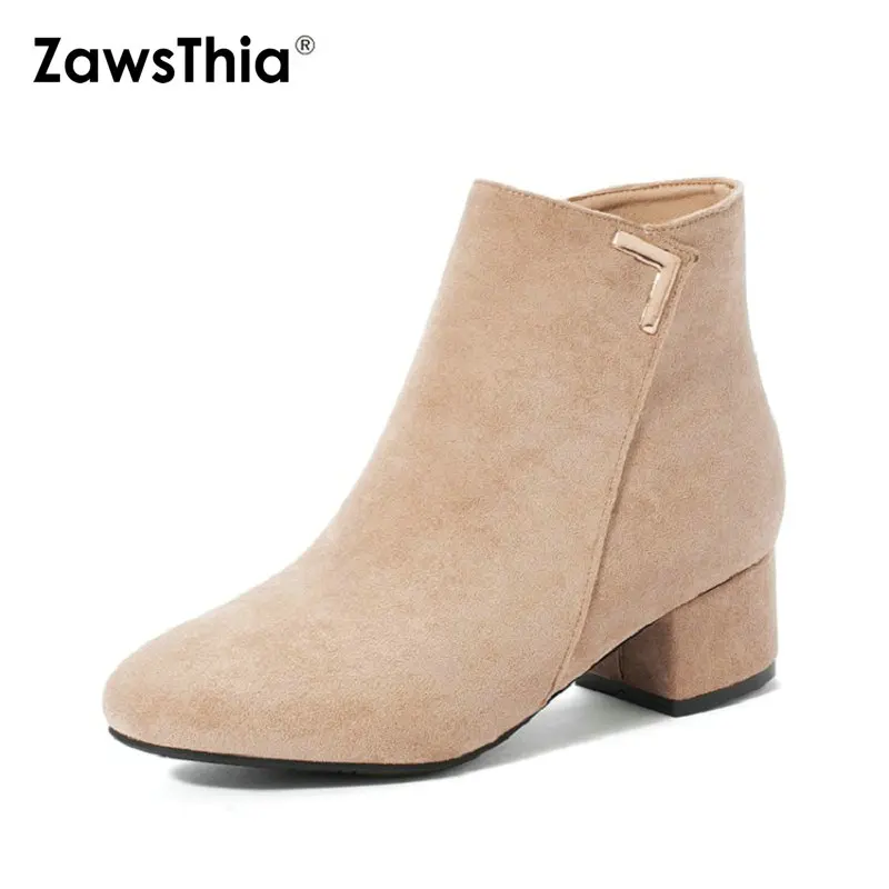 

ZawsThia 2019 round toe flock suede chunky med heels women winter warm snow shoes fashion ankle boots womens shoes size 33-43