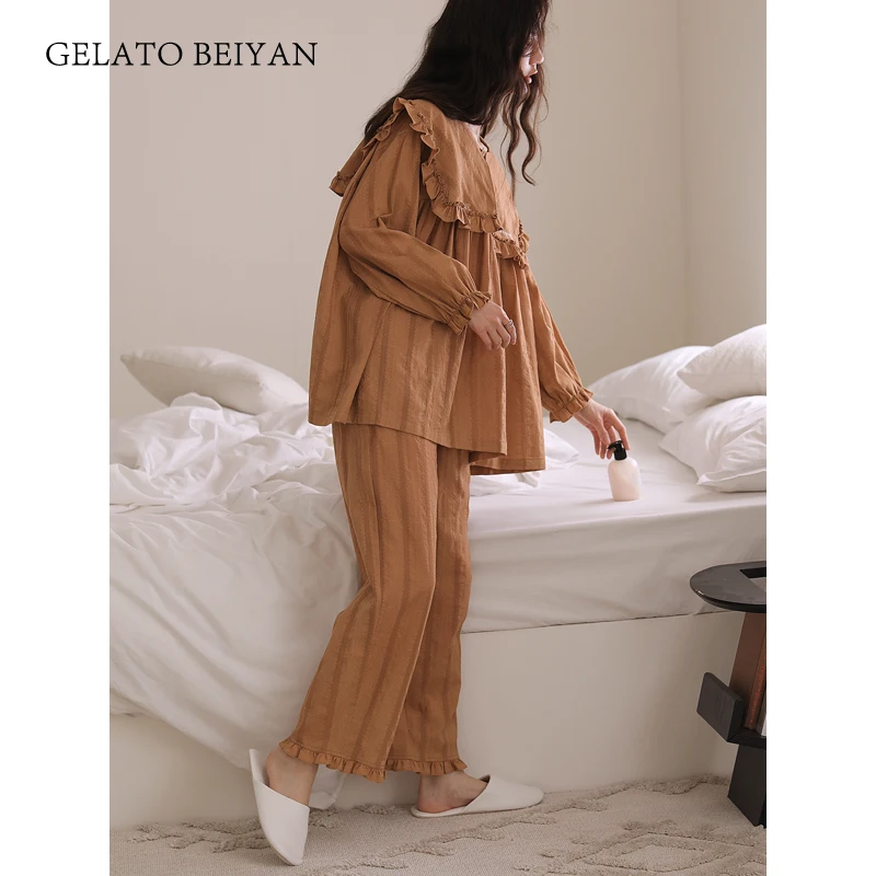 Spring and Autumn Women's Cotton Pajamas Cute Casual Woven Cotton Long-Sleeve Suit Loose Large Size Women's Home Wear