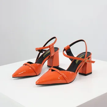 

2019 Autumn Sexy Coral Color Pointed Thick High Heels Trend Young Buckle Belt Fashion Female Sandals