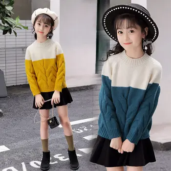 

2020 New Arrival Kids Sweaters For Girls Patchwork Sweaters Girl's Fashionable Style Outerwear Pullovers Knitwear 4 5 7 9 11 13T