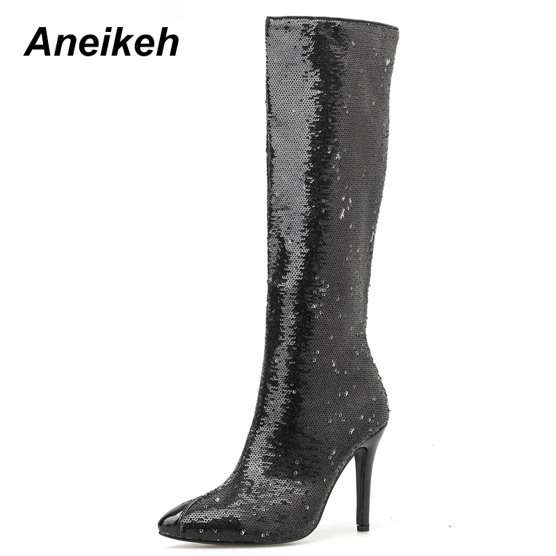 Black Aneikeh/ г. Новые Ботфорты Ботинки «Челси» из расшитой блестками ткани женские ботинки с острым носком на молнии танцевальная обувь на тонком высоком каблуке золотого цвета - Цвет: Black