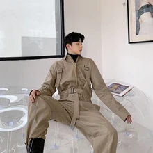 Уличная одежда; повседневный комбинезон с поясом и карманами; комбинезон с длинными рукавами; штаны в Корейском стиле; уличная одежда; Свободный комбинезон-карго Khakai черного цвета