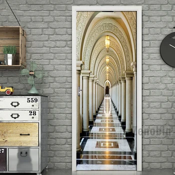 

DIY Door Sticker Golden Roman Column Corridor Wallpaper PVC Waterproof Self-adhesive Poster Living Room Bedroom Door Decor Mural