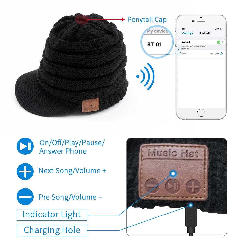 Модные женские Bluetooth вязаные наушники для девочек, Беспроводная музыкальная зимняя теплая шапка, встроенный HD стерео динамик для спорта на открытом воздухе