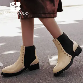 

RIZABINA Women Rivets Real Leather Ankle Boots Sexy Round Toe Flats Daily Casual Winter Boots Platform Botas Footwear Size 34-40