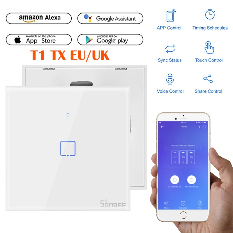 

Sonoff T1 EU UK 86 1~3 gang TX 433Mhz RF Remote Controlled Wifi Wall Switch Smart Home Switch Works With Alexa Google Home Basic