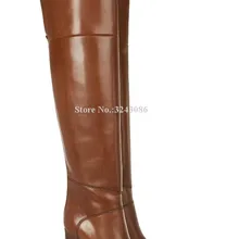 Новинка; женские высокие сапоги из коричневой кожи на не сужающемся книзу массивном каблуке; фирменный дизайн; ботфорты; обувь знаменитостей для торжеств; Прямая поставка; большие размеры