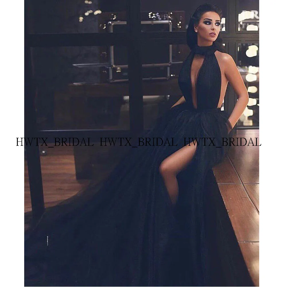 

Black High Slits Prom Dresses Halter Cut-out Backless Tulle A-Line 2020 New Arrival Arabic Dubai Long Evening Party Formal Gowns