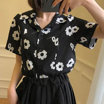 

Z 2019 Women Blouse Summer Chiffon Turn-down Collar Vintage Flower Shirt Female Printed Short-sleeved Womens Tops And Blouses