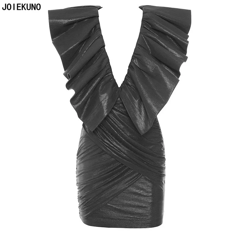 Летнее однотонное платье без рукавов, модная мини-юбка для вечерние платье Для женщин сексуальный глубокий V образным вырезом оборками клуба сексуальное короткое платье FD8335