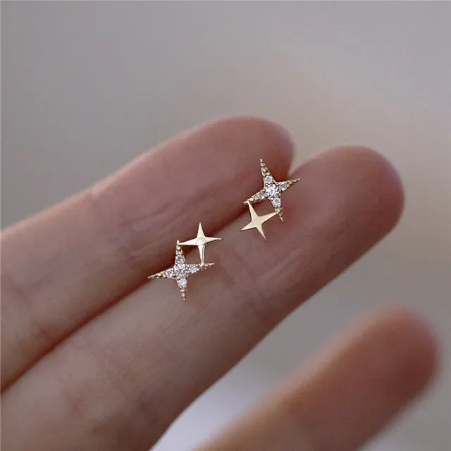 925 Sterling Silver Japanese Micro Inlaid Crystal Four-Pointed Star Plating 14k Gold Earrings Women Small Cute Banquet Jewelry Stud earring