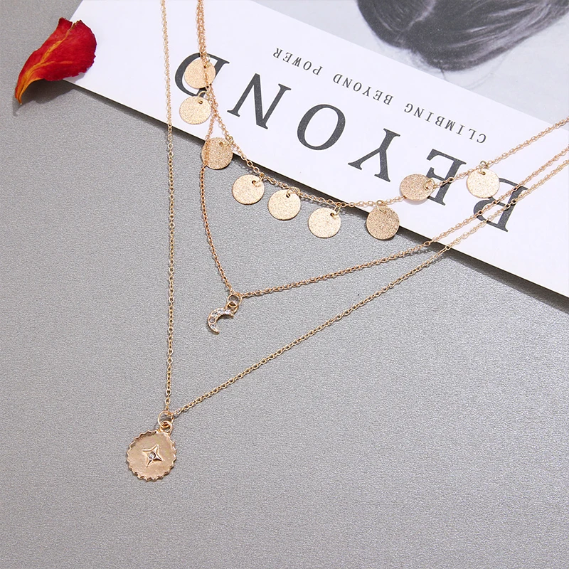 Bohemian Moon Sun CZ Pendant Necklace For Women Gold Multi Layer Pendant Sweater Chain Fashion Ladies Party Jewelry