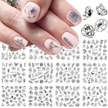 12 шт., слайдеры с черными цветами, новогодние наклейки для ногтей, полное обертывание, Переводные слайдеры, Гелевый лак для маникюра, LABN1189-1200