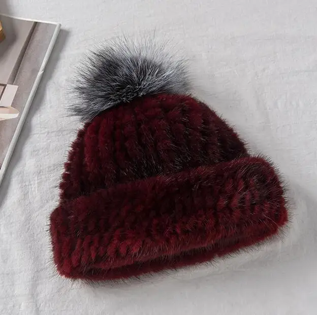 wine red YC Fur настоящие меховые шапки головные уборы для женщин, вязаные шапки из меха норки, шапки с помпоном из меха серебристой лисы, женская зимняя шапка - Цвет: wine red