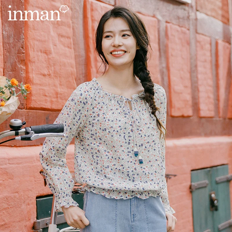 

INMAN Blouse 2020 Spring New Arrival Cute Sweet Floral Flower Pattern Tie Women Elegant Blouse