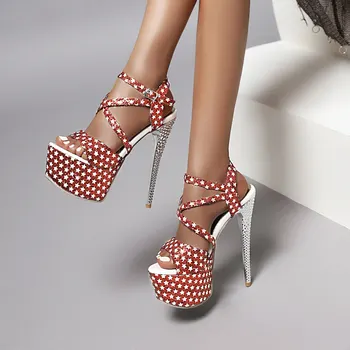 

Women sandals summer plus size 22-28cm super high heel 14.5cm European and American wind Sequin cloth metal heel women shoes