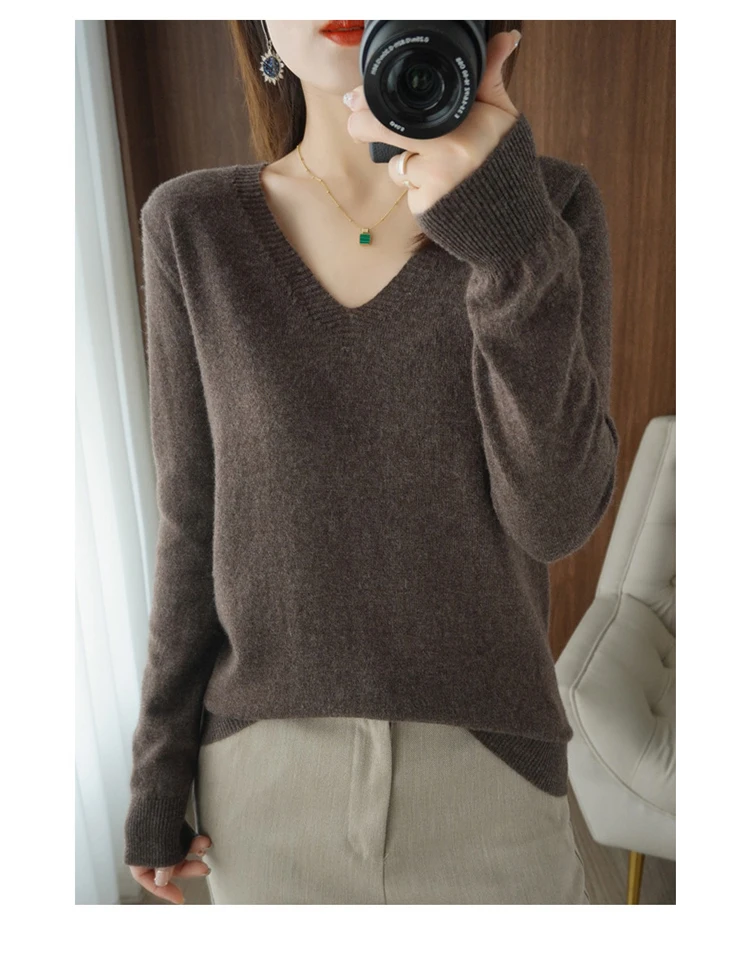 Autumn Winter New Cashmere Sweater Women Keep Warm V-neck Pullovers Knitting Sweater Fashion Korean Long Sleeve Loose Tops