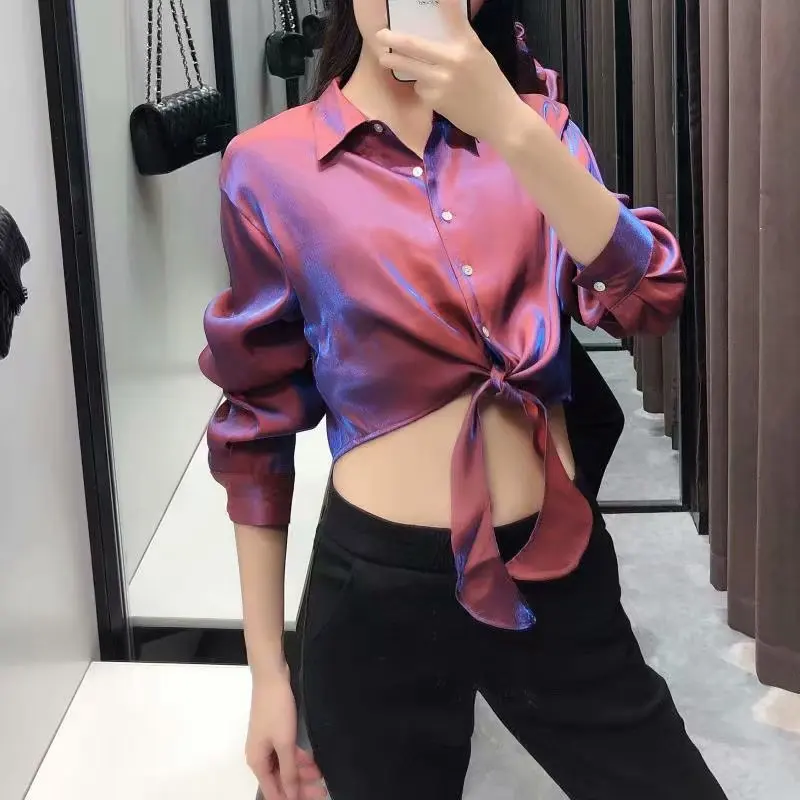 Атласная Модная шелковая рубашка с галстуком-бабочкой, укороченные женские топы, однотонная Сексуальная женская блузка цвета металлик, однотонная уличная блуза, Blusas Mujer