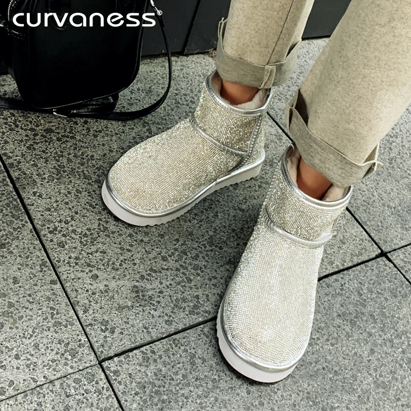 Curvaness/ г. Новые зимние ботинки классические женские ботинки с блестками модная обувь нескользящие теплые ботинки из толстого хлопка на плоской подошве