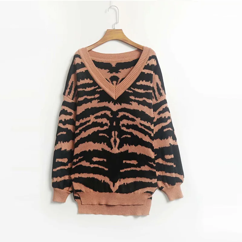 Женский свитер, Осень-зима, в полоску зебры, плотный Длинный свободный вязаный пуловер, джемпер, sueter mujer invierno - Цвет: brown