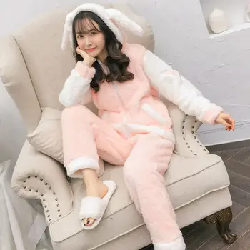 

2020 coral fleece pajamas women thick warm students cute cartoon Korean loose hooded flannel suit in autumn and winter