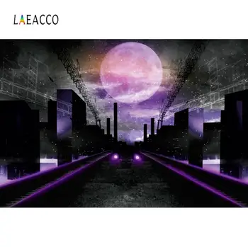 

Laeacco Moon Stars Light Train Tracks Modern Building Photography Backgrounds Customized Photographic Backdrops for Photo Studio
