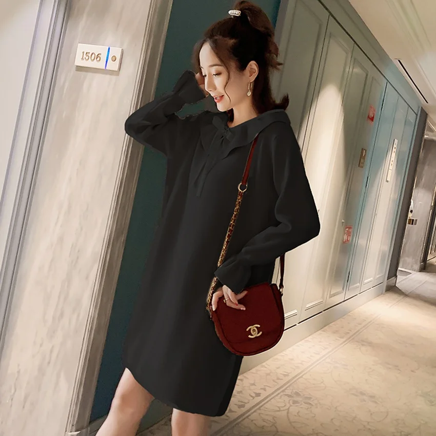 New autumn and winter sweaters knit dress bow sweater skirt large size sweater pregnant women sweater - Цвет: Черный