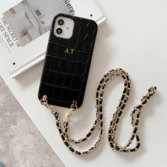 Custom Initial Name Crossbody Strap Cord Luxury Crocodile Leather Phone Case For iphone 11 12 13 Pro Max 7 8 Plus XR X XS Cover Crocodile-2