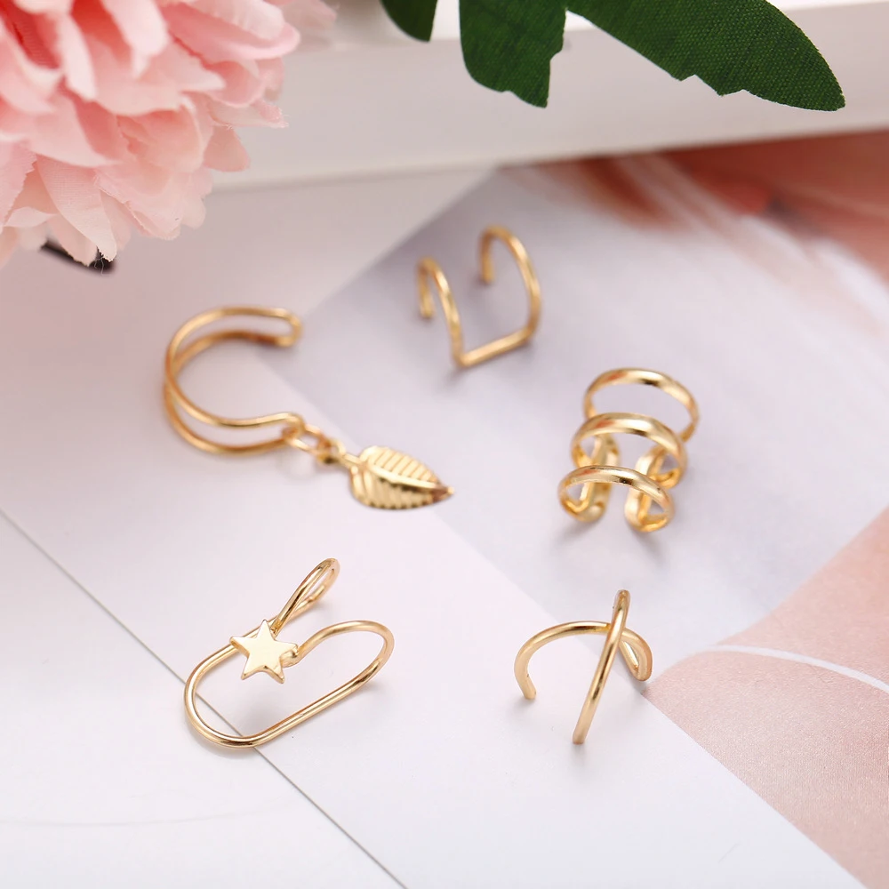 5 шт./компл. модные Кафф сусальное золото Earcuff серьги-клипсы для Для женщин Головные уборы без Имитация пирсинга из нержавеющей стали, ювелирные серьги в подарок