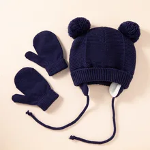 Winter Children's Warm Ear Protection Knitting Hat Gloves Sets Europe America Solid Color  Braids Style Kids Baby Boy Girl Hats